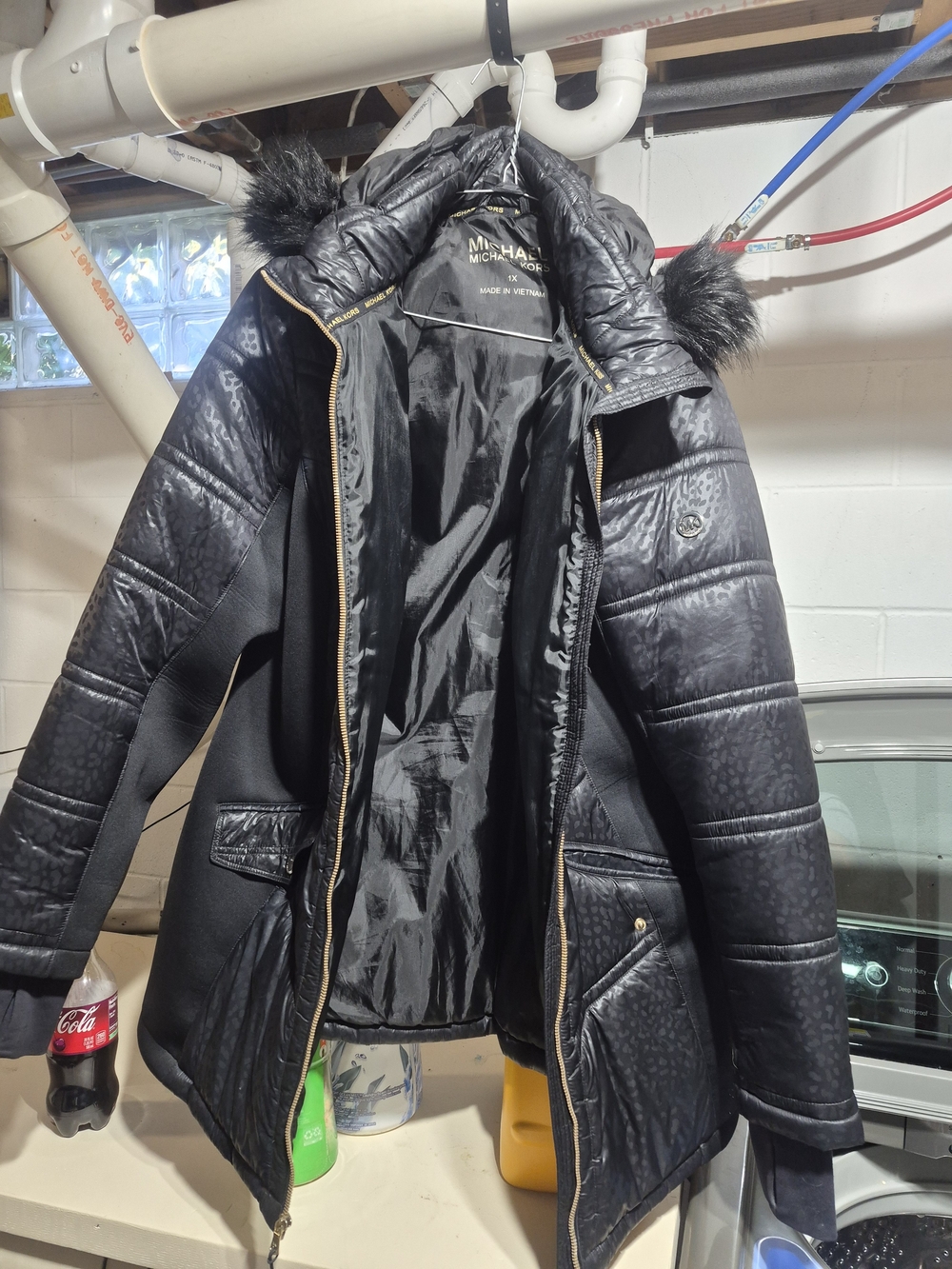 Michael Kors Women's Black Quilted Puffer Coat with Faux Fur Trim
